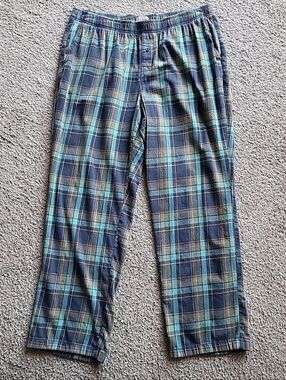 Vtg LL Bean Pajama Pants Mens Large Green Blue Plaid Lounge Flannel Sleepwear